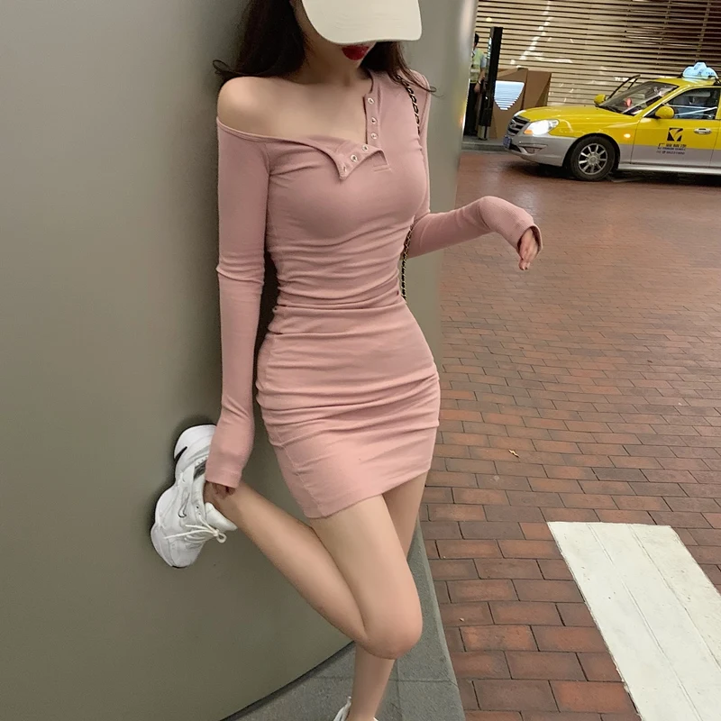 

Autumn One side off shoulder dress high street fashion bag hip dress long sleeve bodycon dress women Europe and America