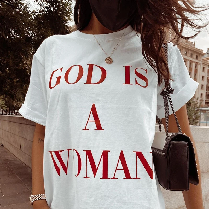 

Крутые женские футболки с надписью God is A Woman, белые хлопковые футболки стандартной длины с коротким рукавом и круглым вырезом, Летние Повсед...