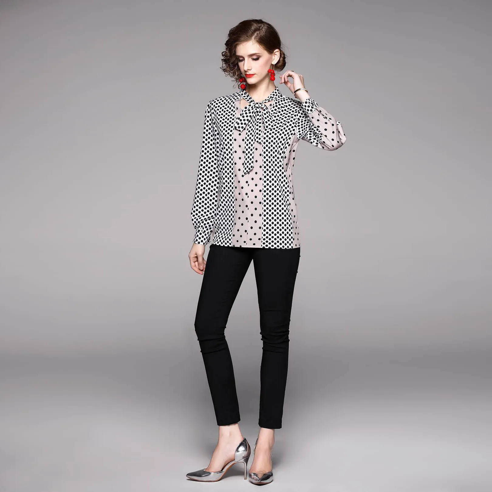 

Women Spring & Autumn Designer Elegant Polka Dot Blouse Shirt Female Bow Chiffon Office Party Chemise Womens SexyTops Blouses