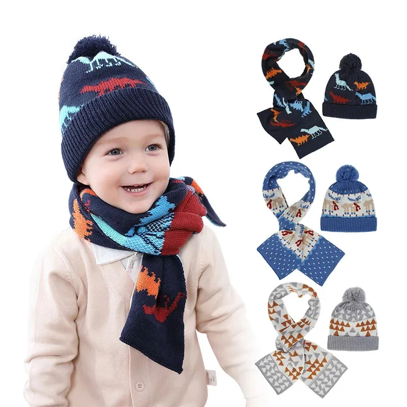 

Baby Hat For Boy Warm Winter Hat Kids Beanie Knit Children Hats Set Hat And Scarf Child Dinosaur Prin Girls Cap Newborn Hat 1pc