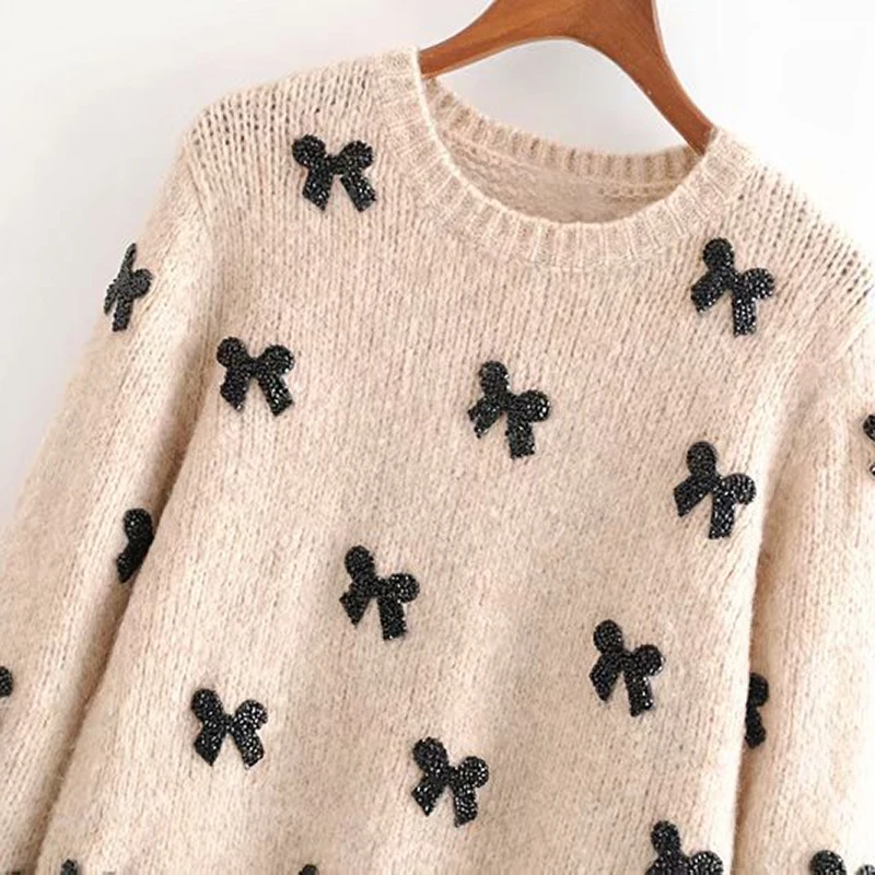 Элегантный свитер с бантом и аппликацией для женщин повседневный Зимний пуловер