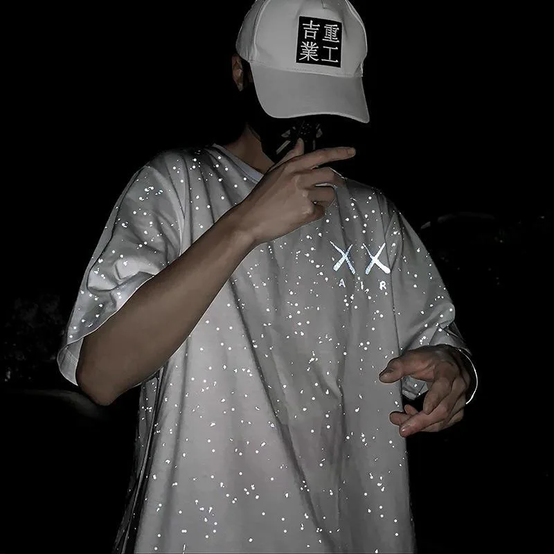 

Harajuku Reflective Pattern Print Men Tshirt Unisex Creative Luminous All-Match Clothes White Fashion Summer Pullover Streetwear