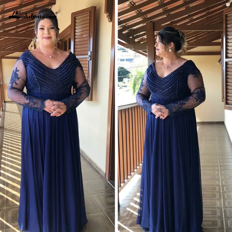 

A Line Plus Size Chiffon Mother of the Bride Dress Long Sleeve V Neck Lace Appliques Beading Floor-Length Illusion lakshmigown