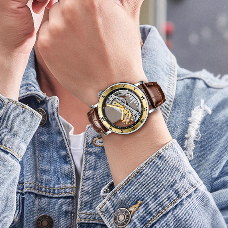 

FORSINING Retro Golden Bridge Auto Mechanical Watch Men Genuine Leather Band Fashion Vintage Mens Watches Top Brand Luxury Clock