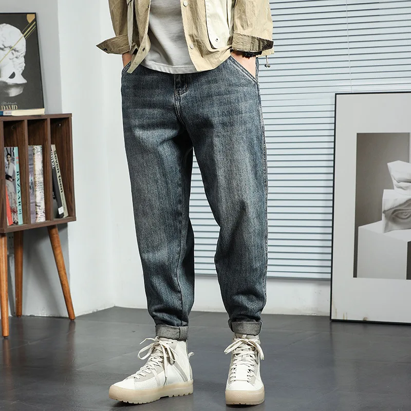 

Мужские зауженные джинсы с флисовой подкладкой, отбеленные классические синие прямые свободные Молодежные джинсовые брюки на молнии в стиле ретро