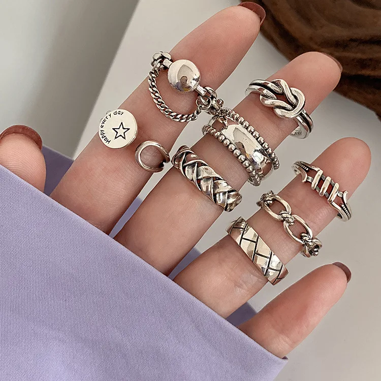 

Rings For Women S925 Silver Adjustable Opening Bohemian Geometry Stars Cute Korean Version Combination INEFFA Personality Desig