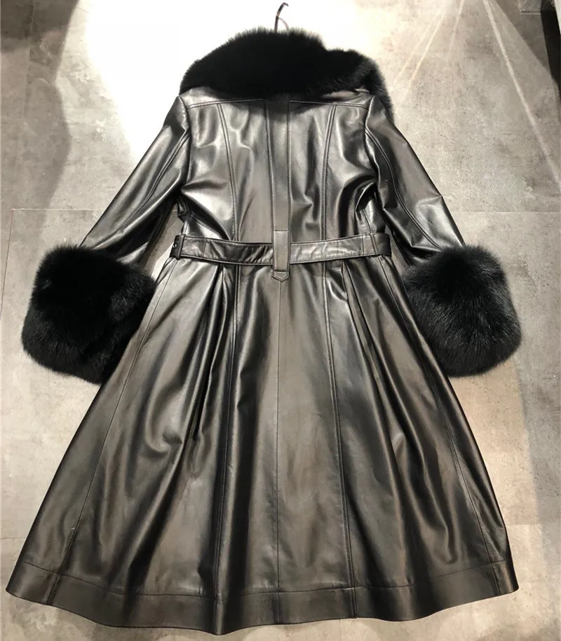 Winter New Women Real Fox Fur Collar and Cuffs Long Sheepskin Jacket Warm Slim Fit Genuine Leather Trench Coat Ladies Overcoat