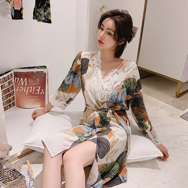 

Tulin Fashion Women Printed Robe Set Summer Set Lace Trim 2PCS Sleepwear Viscose Kimono Gown Femme Nighty&Robe Set Home Clothing