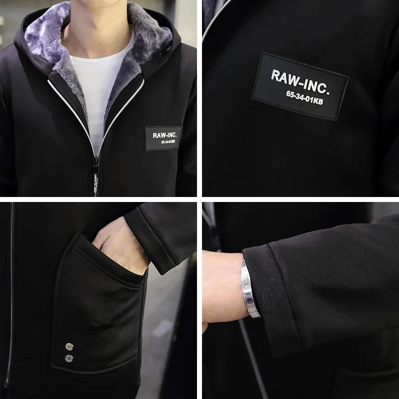 

Thickening plus velvet warm windbreaker jacket men solid color casual hooded winter trench coat men's clothing AF91