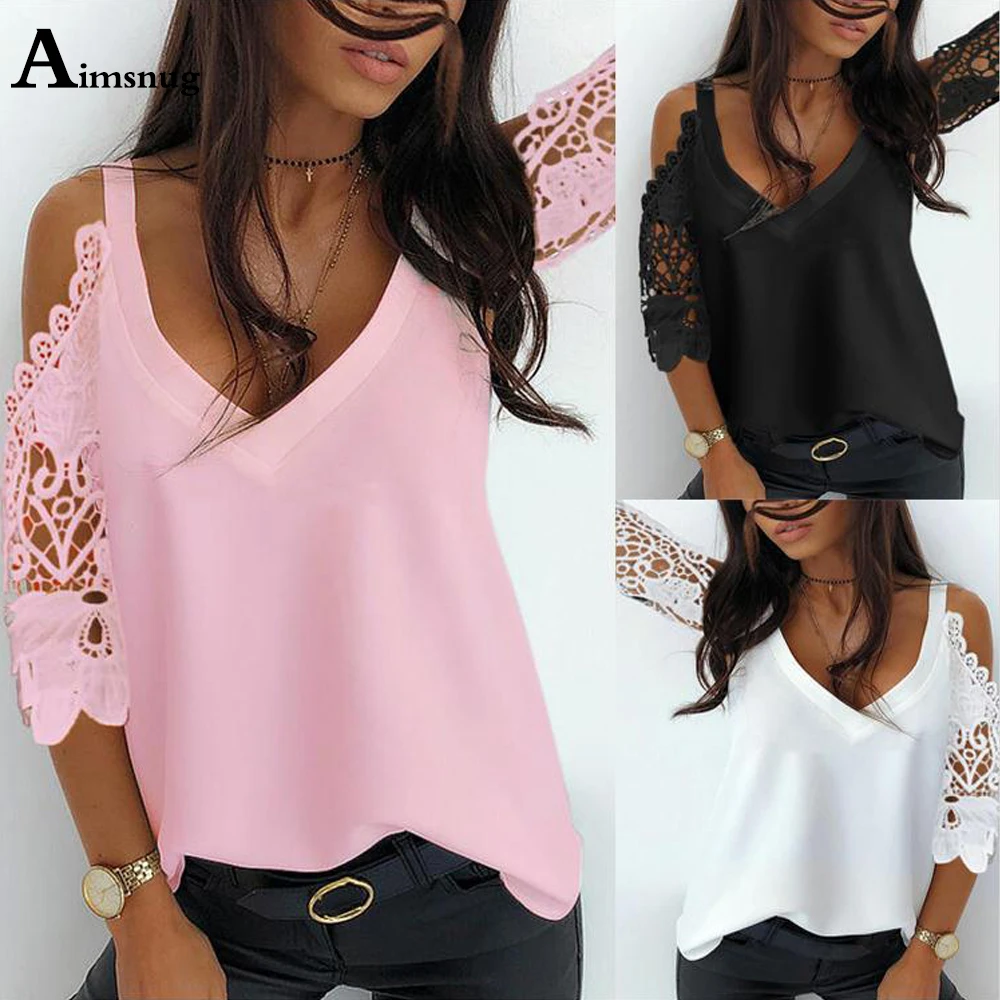 

2021 New Patchwork Lace Top Summer Hollow Out 3/4 Sleeve Chiffon Blouse Sexy V-neck Casual Pullovers Pull Jersey Mujer Femme