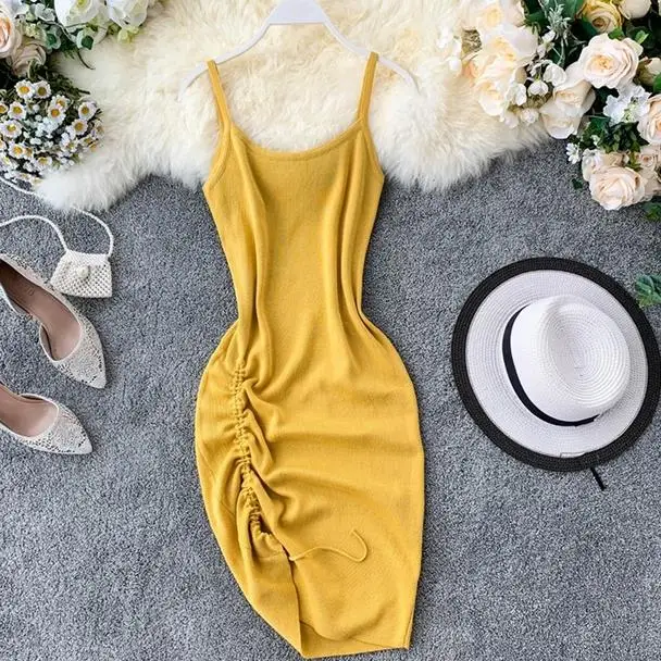 2019 Summer Retro Knitted Dress Women Stertch Bodycon Korean Mini Dresses Sleeveless Pleated High Waist Vestido AE824 | Женская одежда