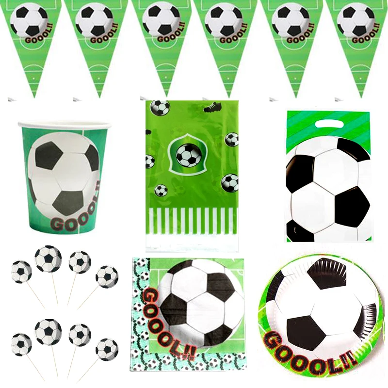 

85pcs/lot Football Theme Napkins Hanging Banner Flags Plates Cups Tablecloth Decorate Gifts Bags cake toppers with sticks