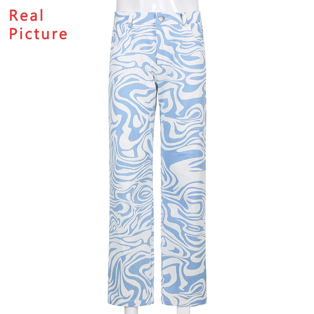 

Missnight Striped Print Baggy Jeans Denim Blue Pants Women High Waist Straight Wide Leg Pants Woman Jeans Streetwear