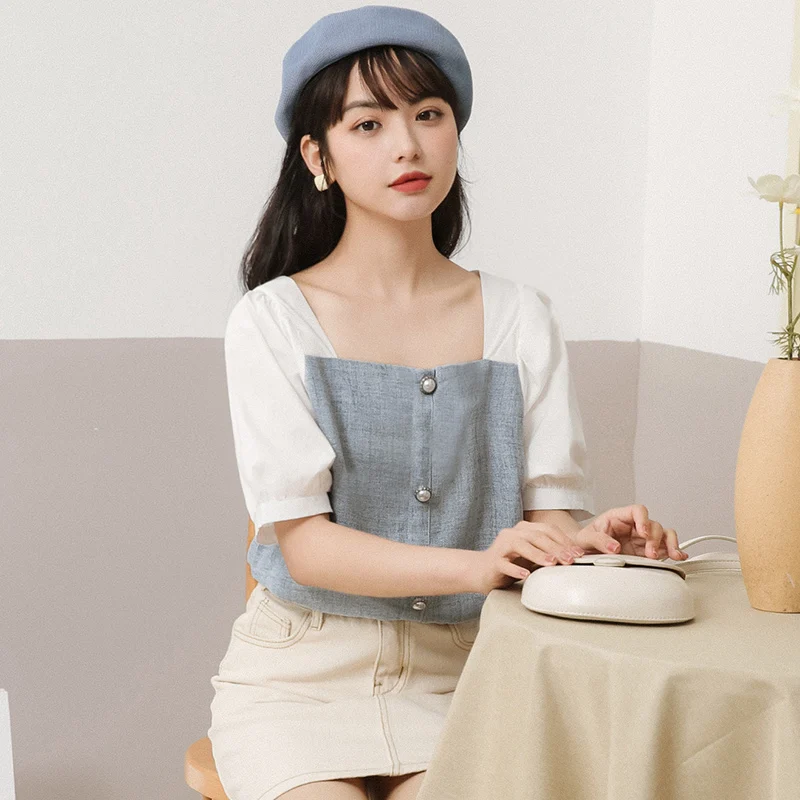 

the new French party led hubble-bubble sleeve shirt female color matching nail bead Lou collarbone short-sleeved blouse