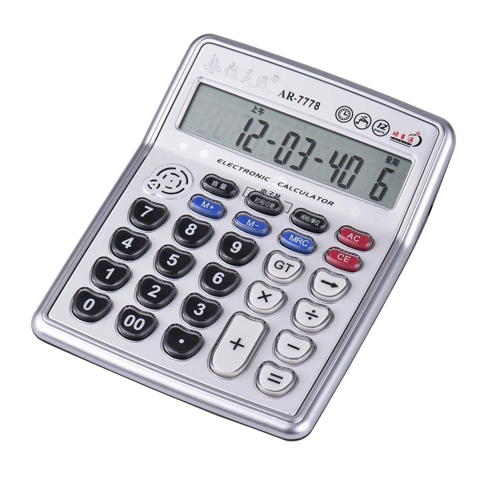 Musical Desktop Calculator 12-Digits LCD Display Electronic Calculator Counter Big Buttons Time Date Show Alarm Clock Function