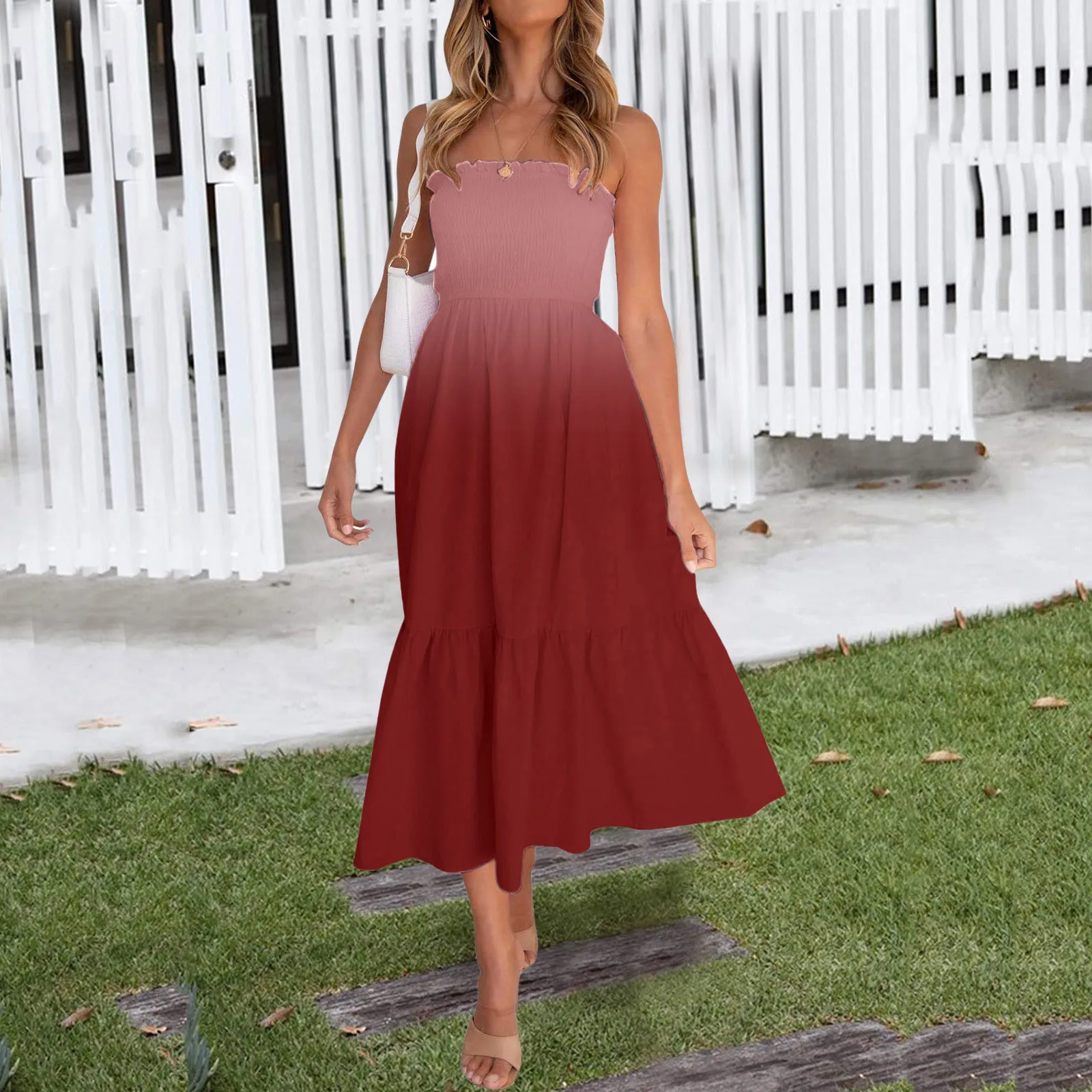 

40# Solid Color Strapless Ruffle Dress Gradient Color Casual Tube Top Dress Vintage Loose Women's Summer Sundresses Vestidos