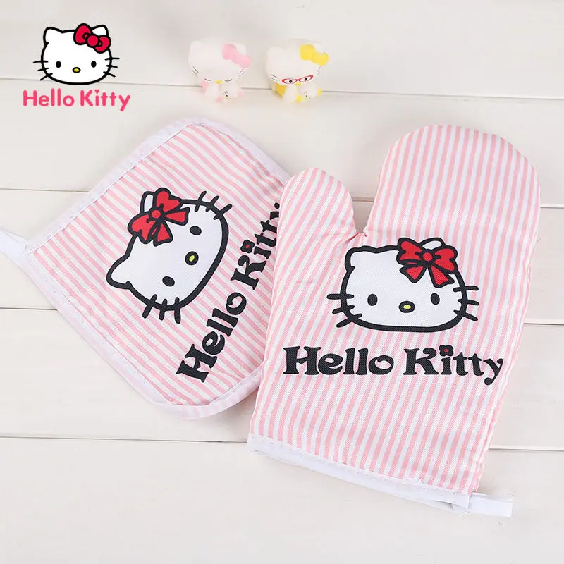 

Hello Kitty Microwave Heat Insulation Gloves Heat Pad Set Cartoon Cute High Temperature Anti-scalding Oven Baking Kitchen Gloves