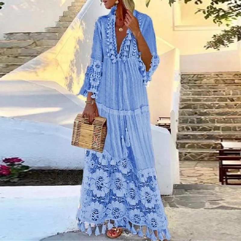 

Casual White Dress Long Sleeve Dress Fashion Bohemian Large Size V-Neck Solid Color Lace Tassel Long Dresses vestido de mujer