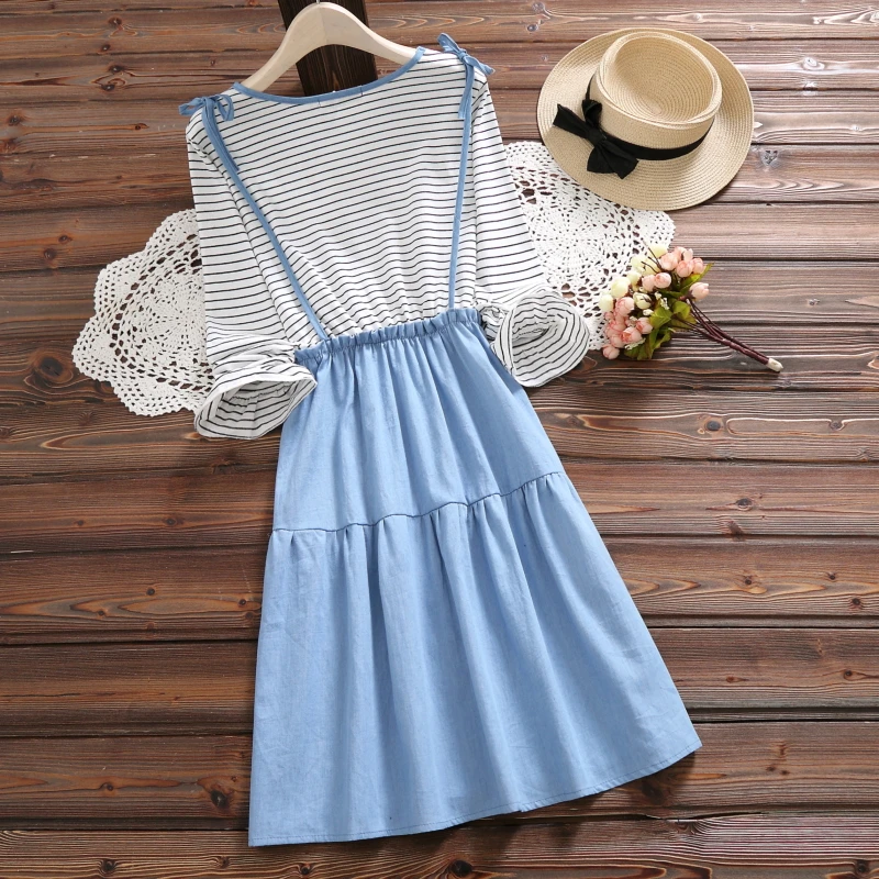 

2021 Mori Girl Fall Spring Women Cotton Dress O Neck Stripe Patchwork Embroidery Mujer Vestidos Flare Sleeve Ruffle Kawaii Dress