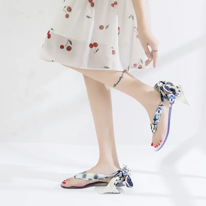 2020 женские плоские сандалии с бантиком Вьетнамки на плоской подошве летние туфли