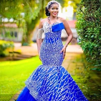 african royal blue prom dress with sweetheart tassels sequins lace appliques aso ebi evening dress tiered lace up women gowns