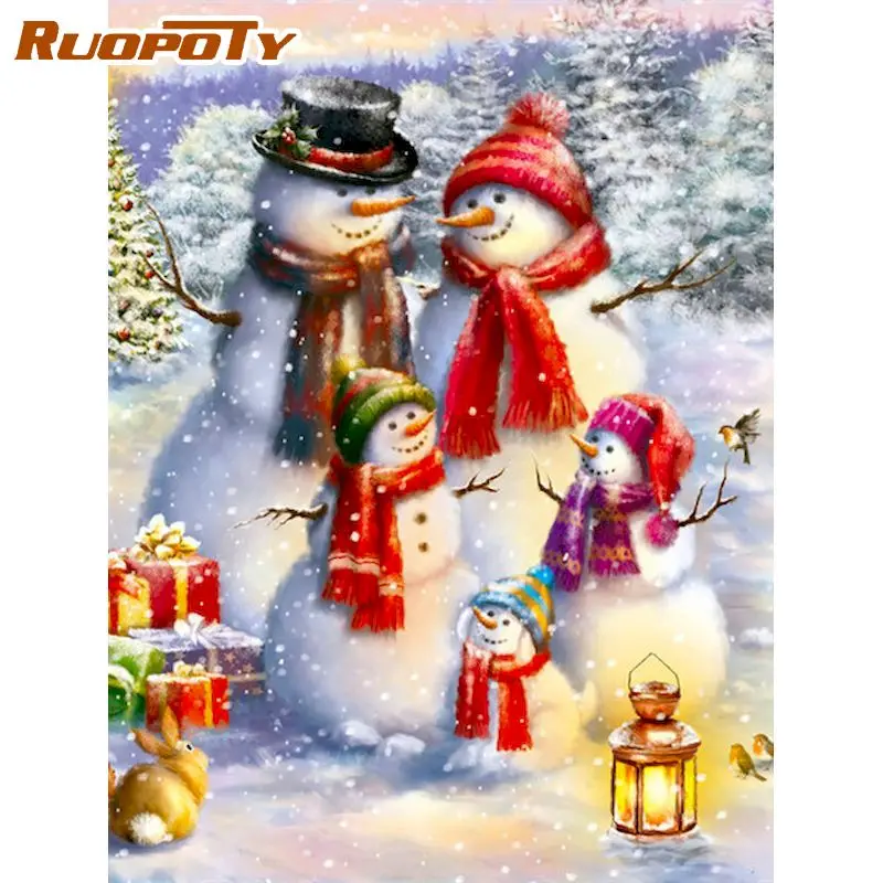 

RUOPOTY Oil Paint By Numbers Kits 60x75cm Framed Drawing On Canvas Snowman Family Painting By Number Modern Home Wall-art