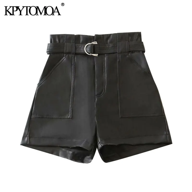 

FAKUNTN Women 2021 Chic Fashion With Belt Faux Leather Shorts Vintage High Waist Zipper Fly Pockets Female Short Pants Mujer