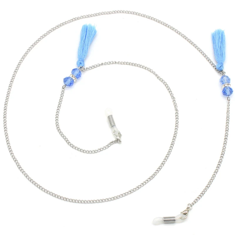Цепочки для очков шнур с синими звеньями кисточками и бусинами из кристаллов