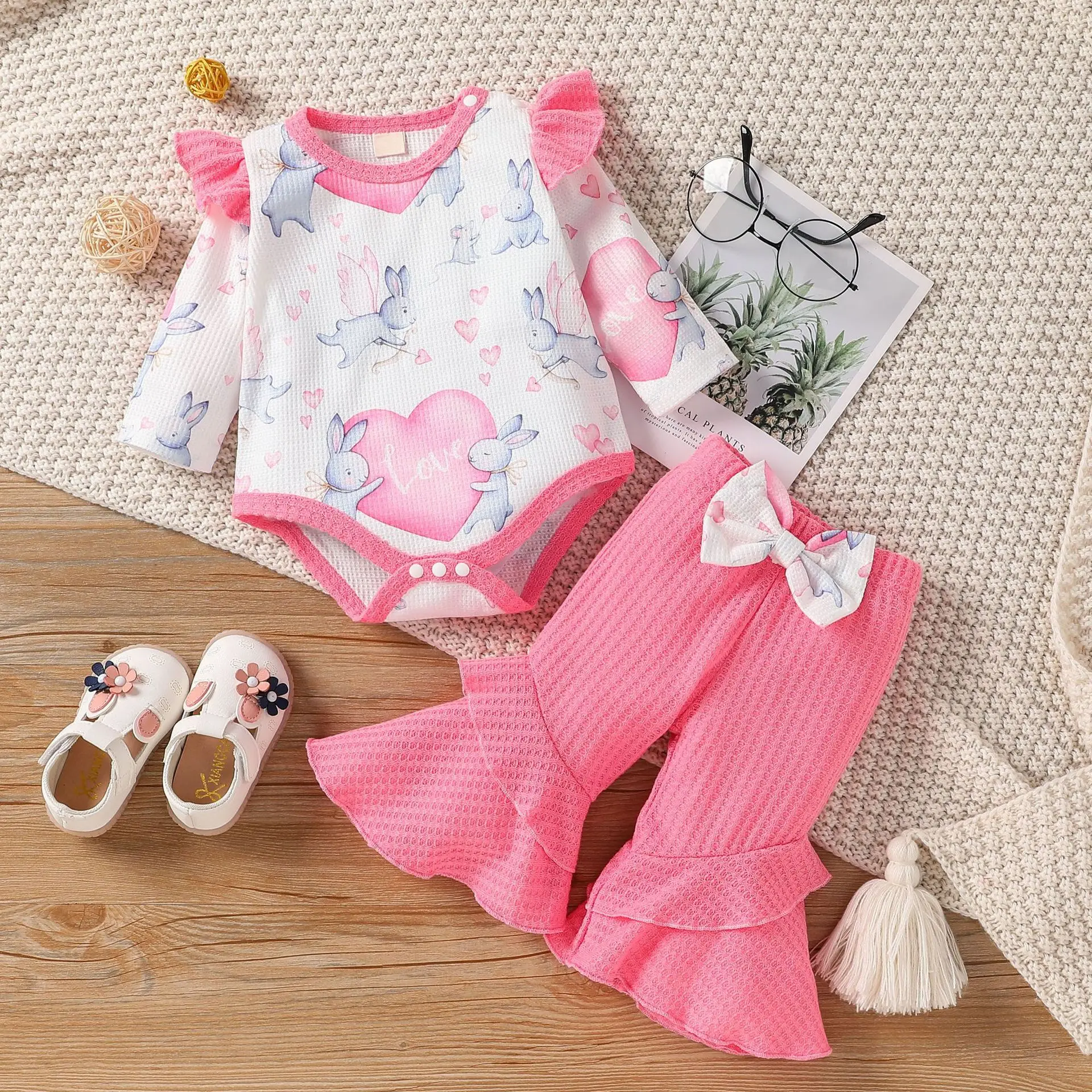 

Baby Girl Cartoon Rabbit Long-sleeve Walf Checks Romper Sets Cute Pink 2 Piece Jumpsuit Girls Clothing Toddler Girl Pajamas