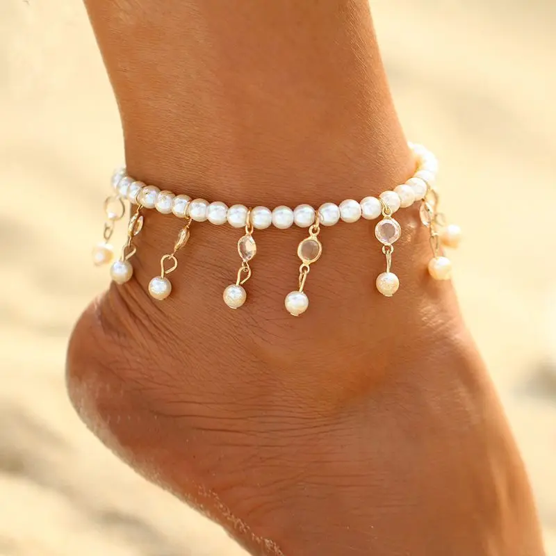 

Bohemia Imitation Pearl Tassels Anklets For Women Leg Foot Bracelet Sandal Ankle Chain Summer Beach Party Jewelry Gifts 1PC