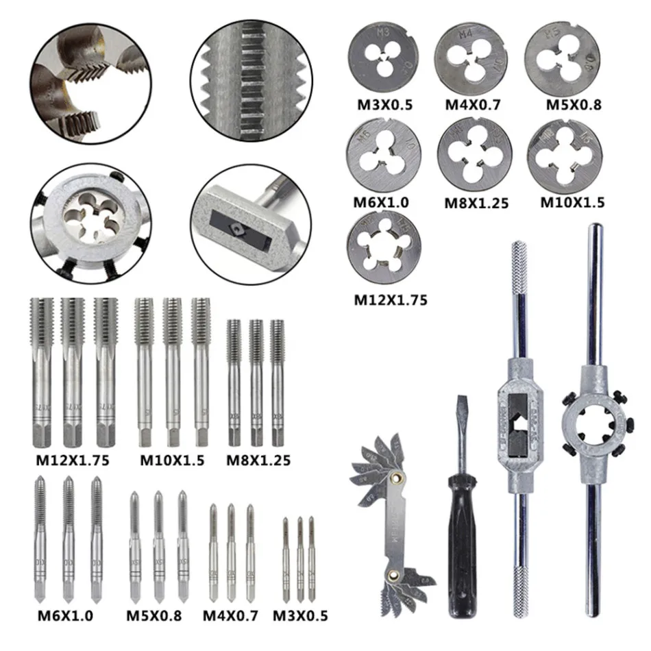 

32pcs M3-M12 Metric Tap and Die set Hand Tapping Tools Screw Thread Tap Die Wrench Set