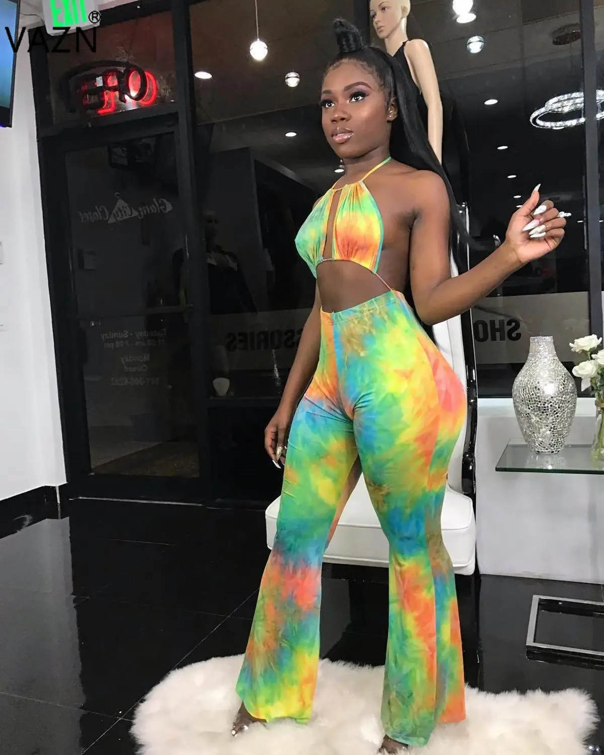 VAZN WYNZ8192 new product 2019 summer sexy lady green jumpsuit long pants halter backless jumnpsuit leopard |