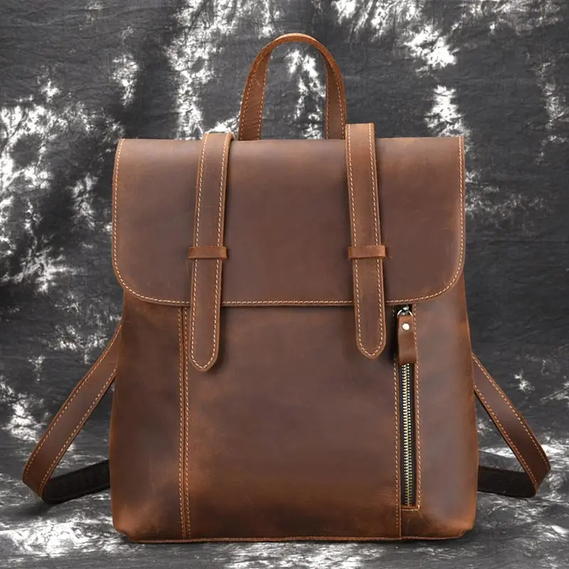 

New Men's Bags Vintage Top Crazy Horse Genuine Leather Backpack Fashion Multi-function Large Capacity Travel Shoulder Bags Trend