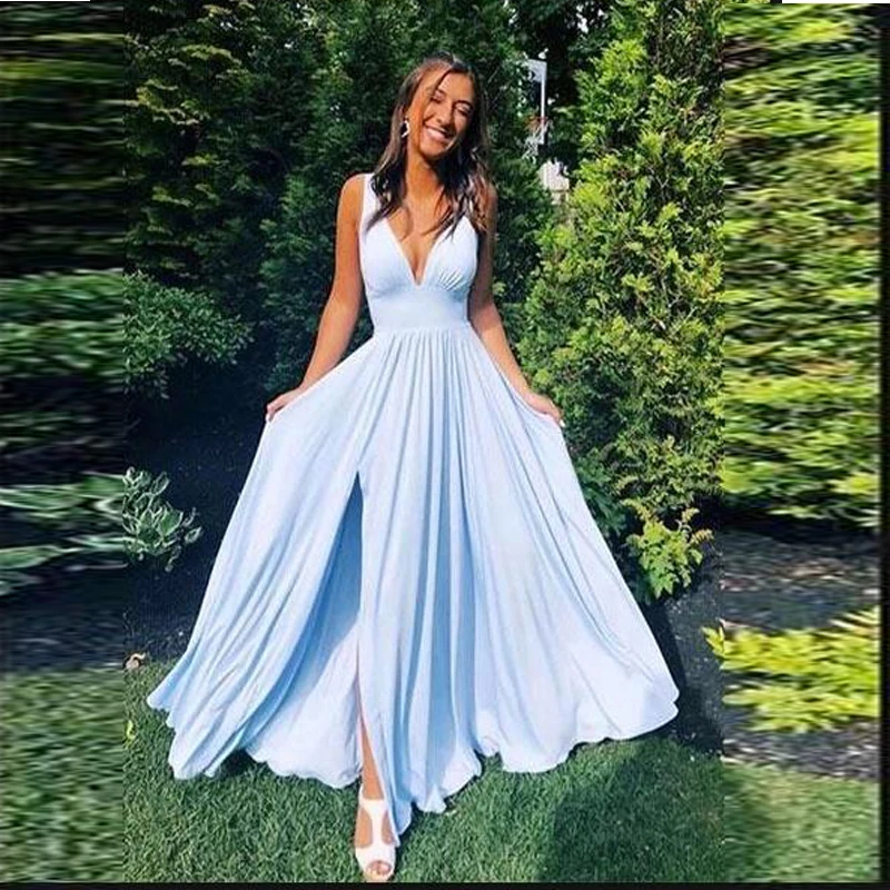 

vistidos de gala Light Blue V-Neck Long Prom Dress 2020 Custom Made Floor Length Women Party Gowns traje de gala