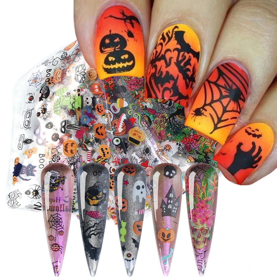10 шт. Фольга для дизайна ногтей на Хэллоуин переводная наклейка с изображением