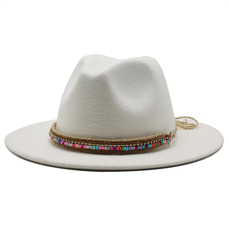 Seioum  Men Women Wide Brim Wool Felt Fedora Panama Hat with Belt Buckle Jazz Trilby Cap Party Formal Top Hat In White,black