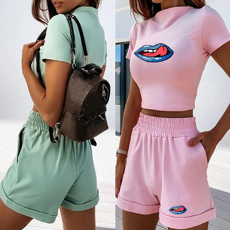 

New sexy high neck two piece female shorts suit women casual tight sportswear suit female summer sport fitness suit
