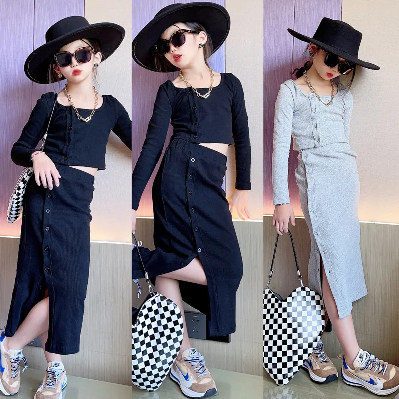 

Юбка-костюм для девочек, повседневные короткие топы, Новинка осени 2021, юбки для детей среднего и старшего возраста, 2 предмета