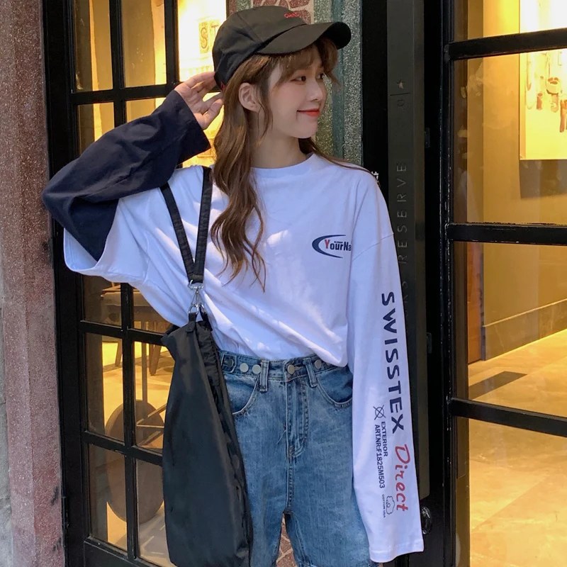 Harajuku модная футболка для женщин с длинным рукавом Топы с буквенным принтом поддельные 2 шт белые футболки женские повседневная одежда - Цвет: see chart