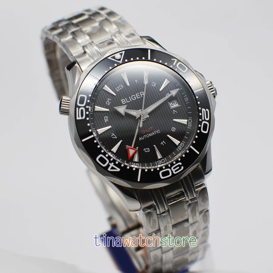 Мужские часы с автоматическим циферблатом Bliger 41 мм GMT вращающаяся Дата черный