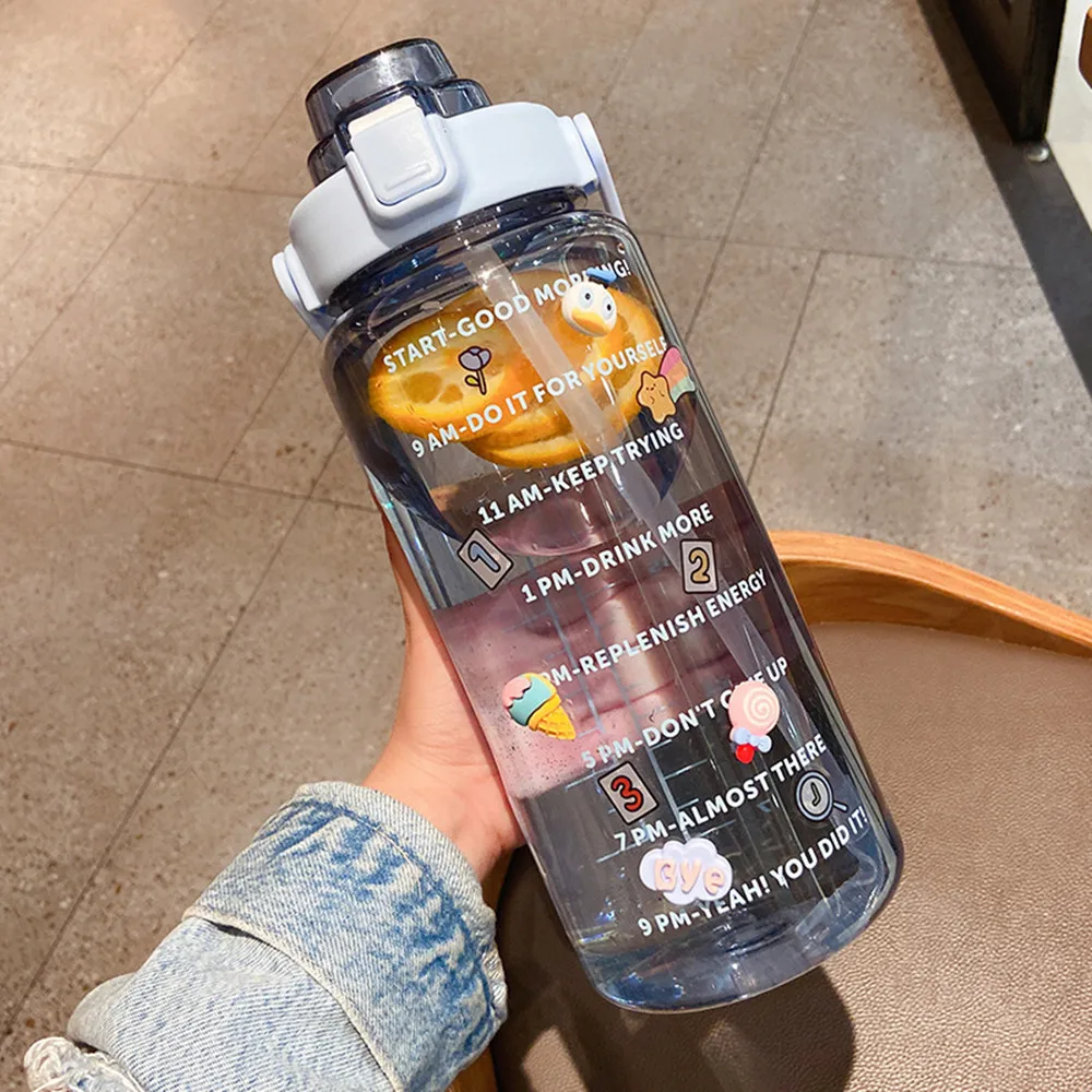 Portable Large Capacity 2L Sports Straw Water Bottle With Stickers Fitness Bike Cup Summer Student Drink Jug Time Marker | Дом и сад