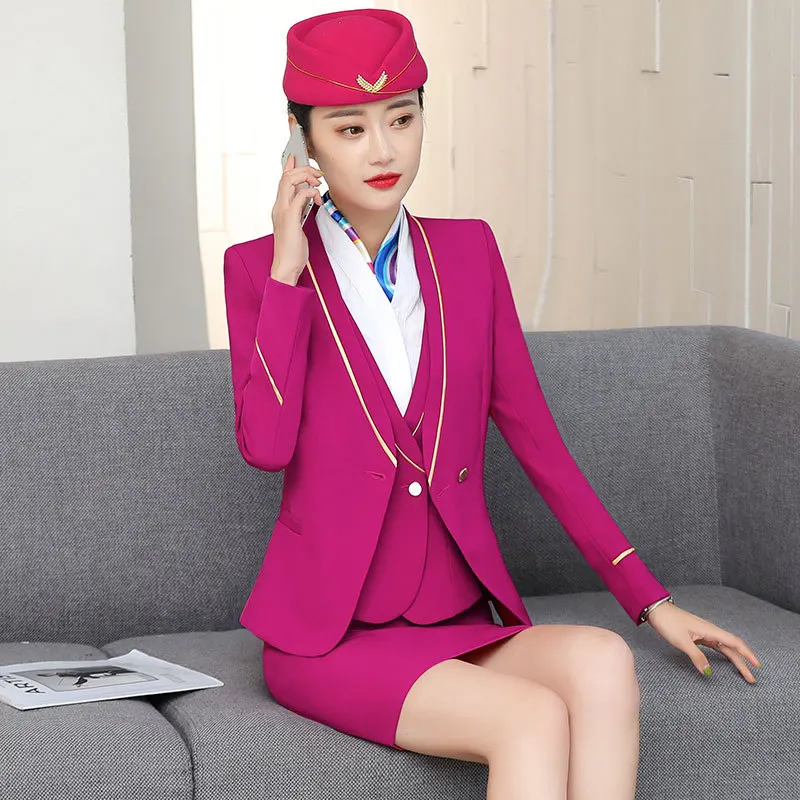 

2021 New Formal Business Steward Clothes For Women Suits Office Sets With Skirt Airline Stewardess Elegant Work Wear Big Size