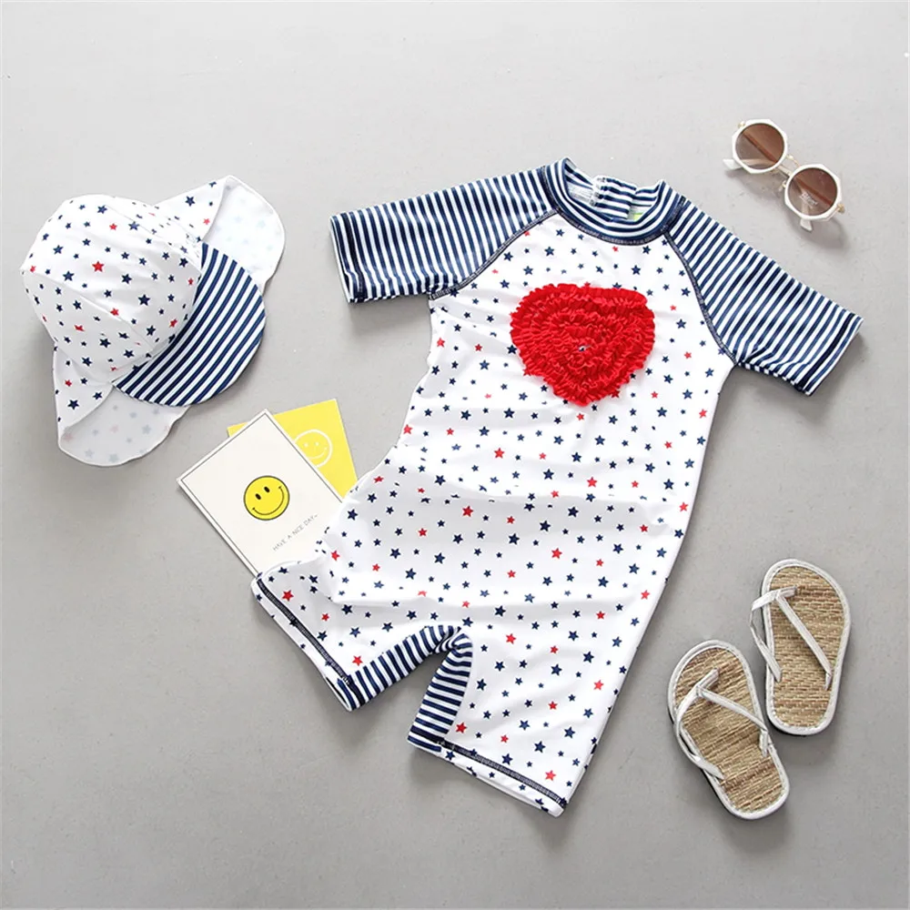 Купальник Детский слитный в полоску со звездами и коротким рукавом|Детские