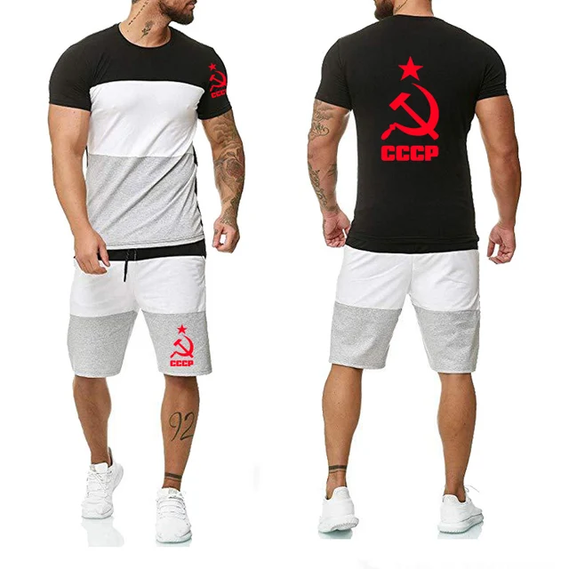 

Summer T Shirts Men CCCP printing Russian USSR Soviet Union Man Short sleeve splice Cotton Mens T Shirts+Shorts 2Pcs suit