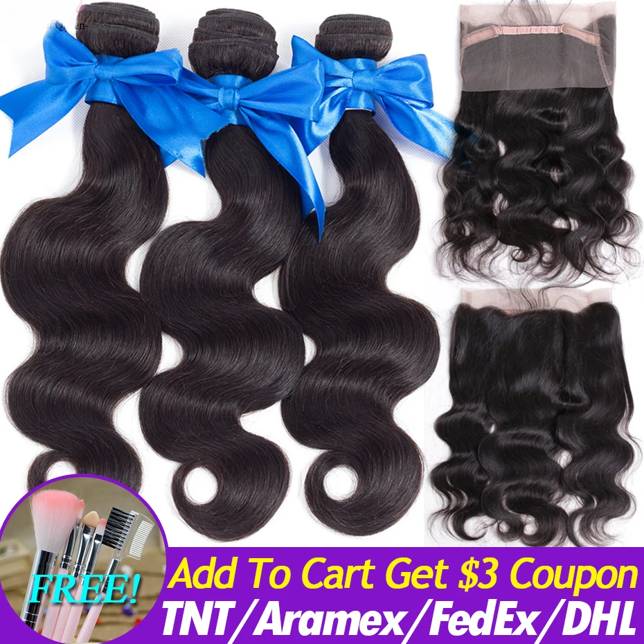 360, фронтальная кружевная лента, 3 пучка, индийские объемные волнистые волосы, пряди, 360 фронтальные Человеческие волосы Remy для наращивания, натуральные черные, часть