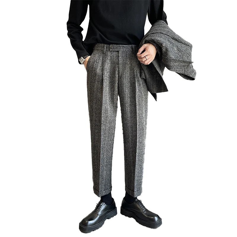 

Men's Pant Office Business Casual Ankle-length Plaid Suit Trousers Men Vintage Fashion Korean Trend Streetwear Pant 29-38 Size