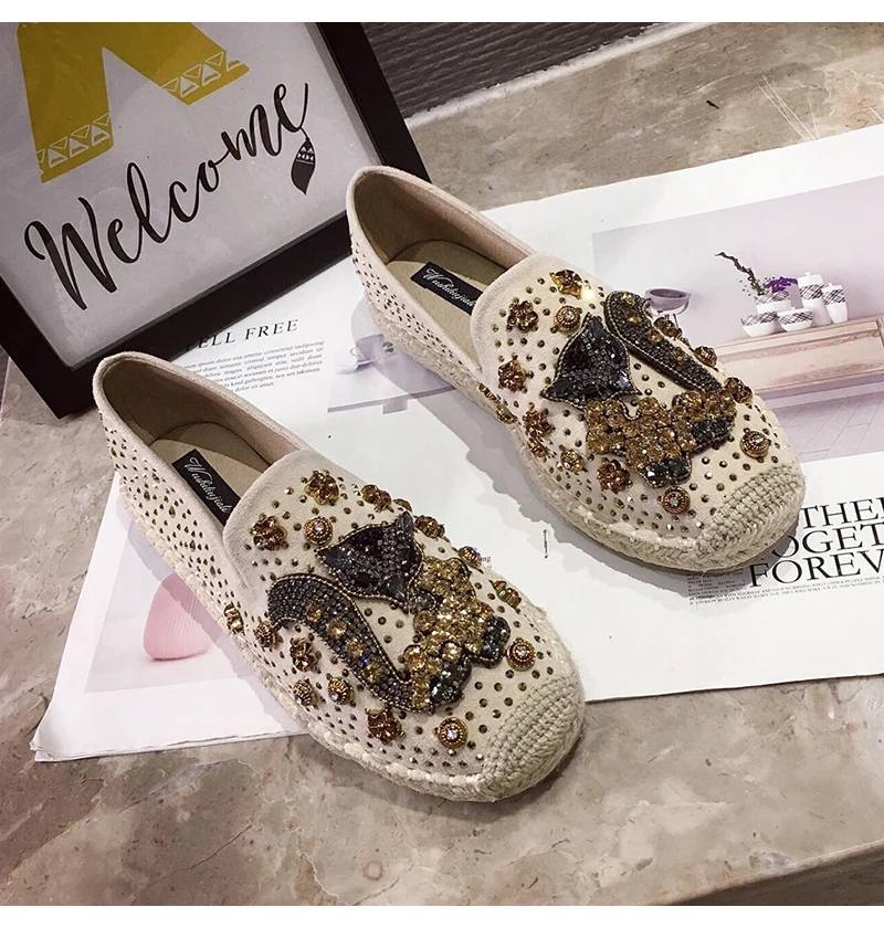Fashion Hemp Loafers Women Espadrilles Flats Shoes Sewing Rhinestone Round Toe Ladies Casual Moccasins Slip On Brand Style New