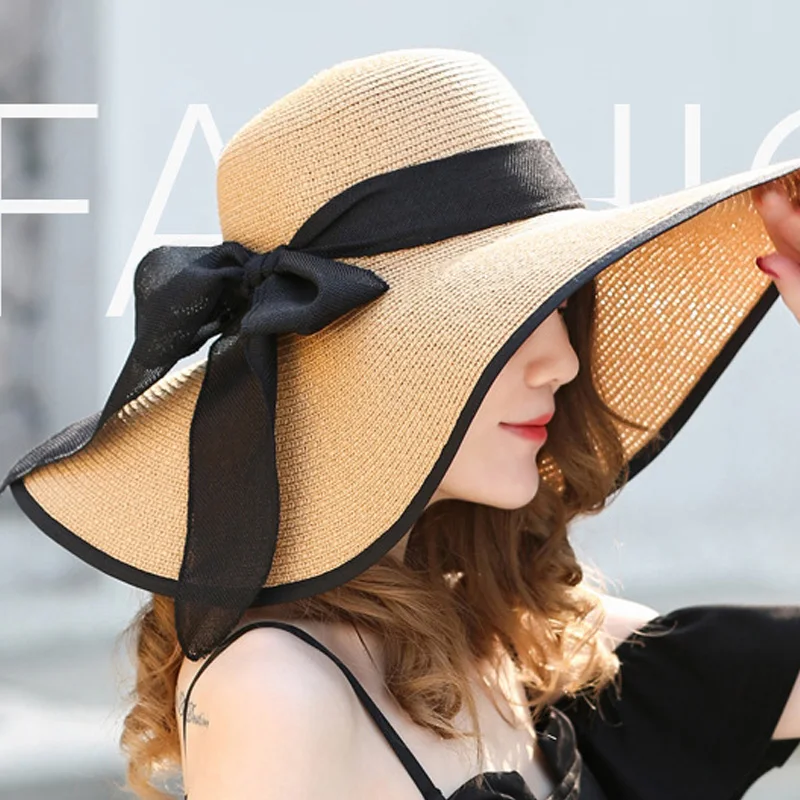 Летняя соломенная широкополая шляпа с широкими полями Пляжная складная бантом