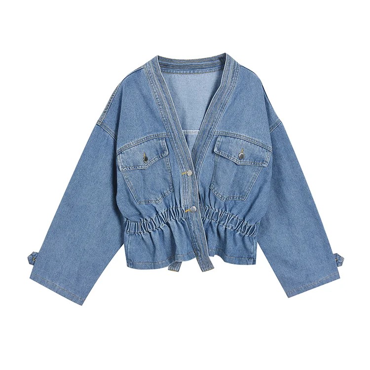 Пикантная джинсовая куртка с глубоким V образным вырезом и длинным рукавом