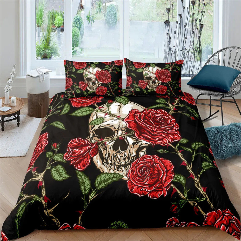 Designer Luxury Flower Skull Bedding Set Queen Size Sugar Skull Duvet Cover Set King Comforter Bedline King Full Bed Set